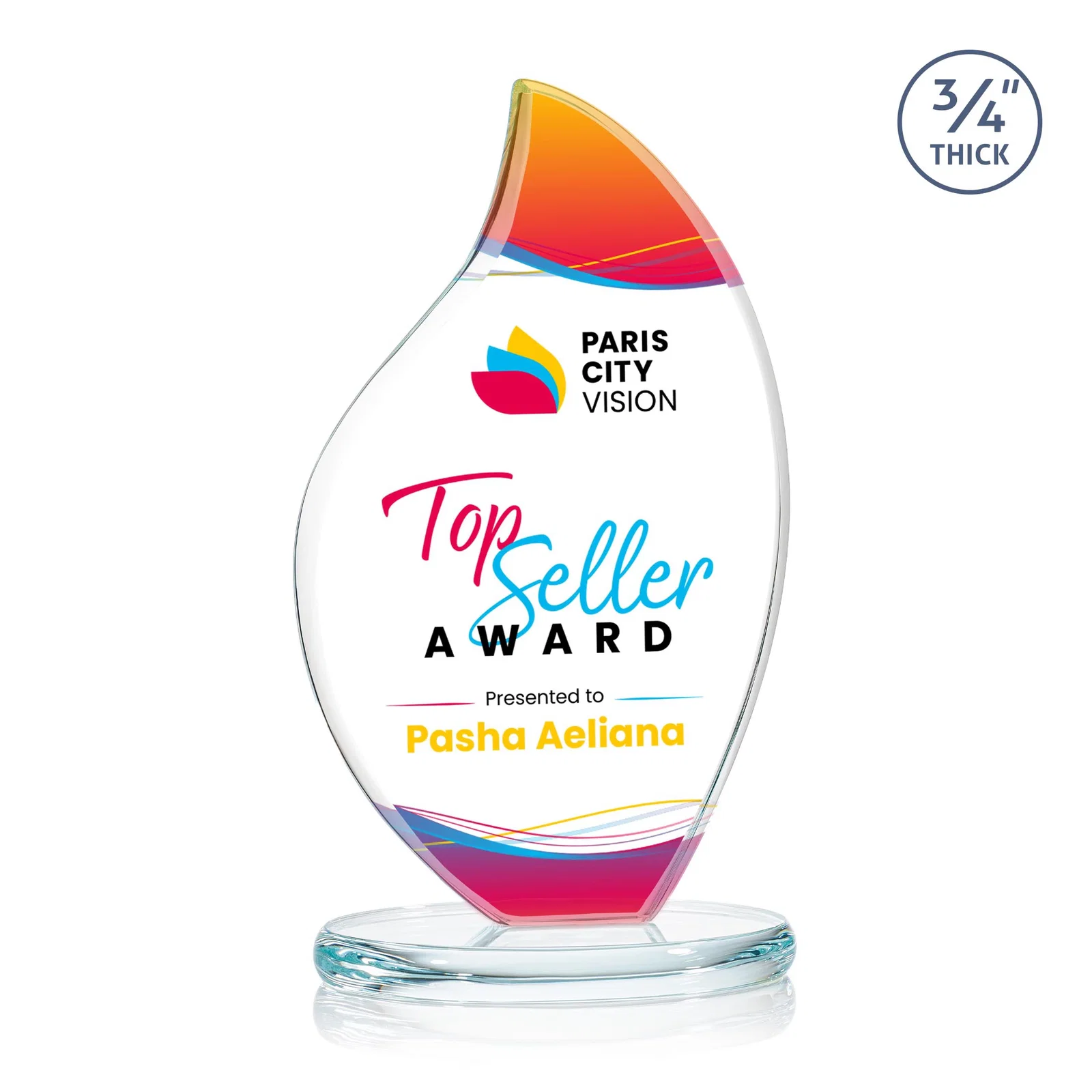 Personalized Starfire Crystal Flame Award With Rounded Edges on an Oval Base for employee recognition