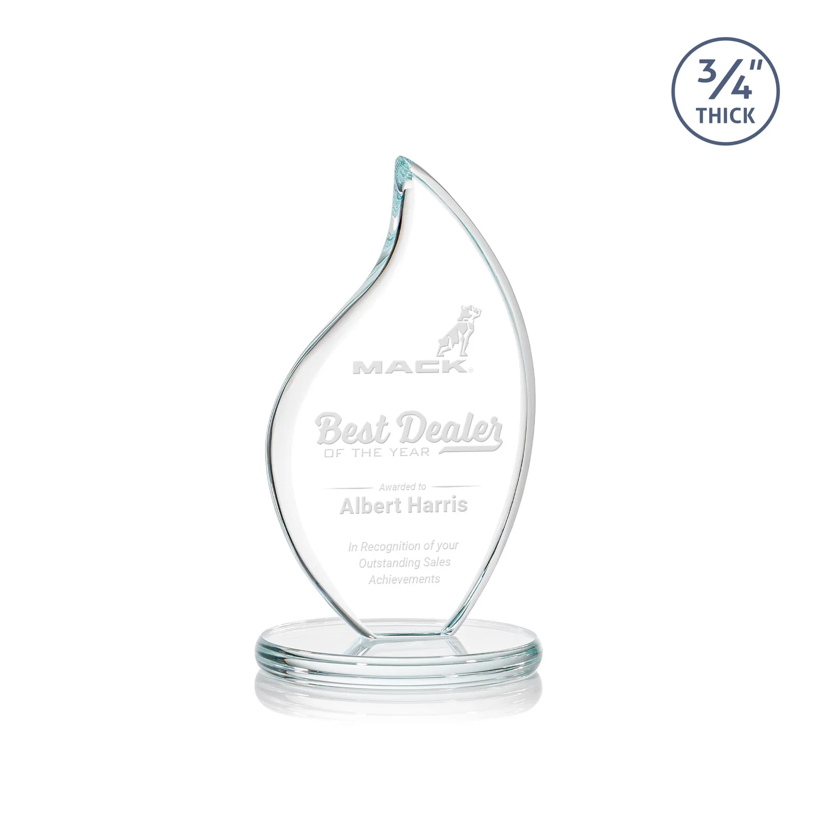 Custom Starfire Crystal Flame Award With Rounded Edges on an Oval Base for corporate award ceremonies