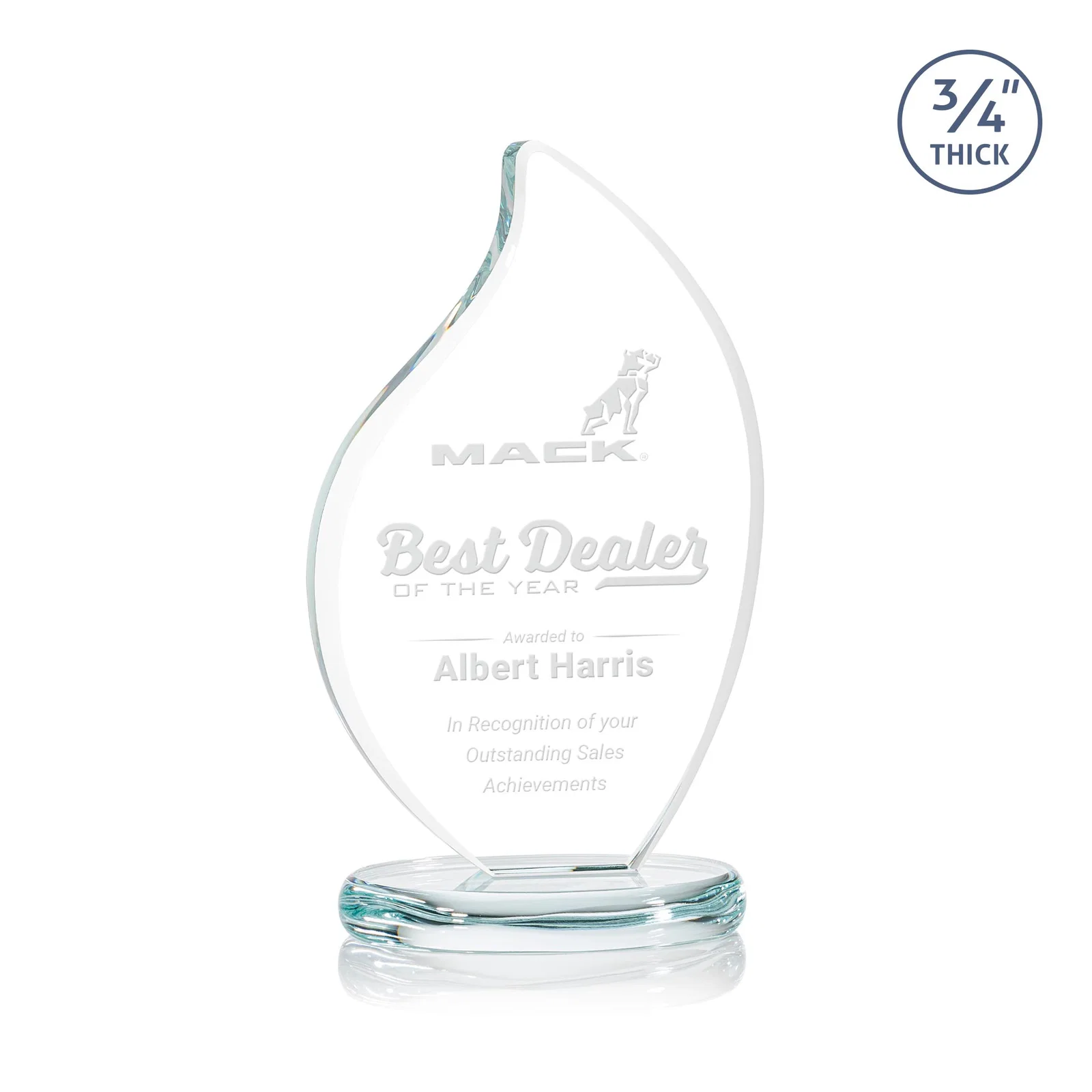 Custom Starfire Crystal Flame Award With Rounded Edges on an Oval Base for service anniversary gifts
