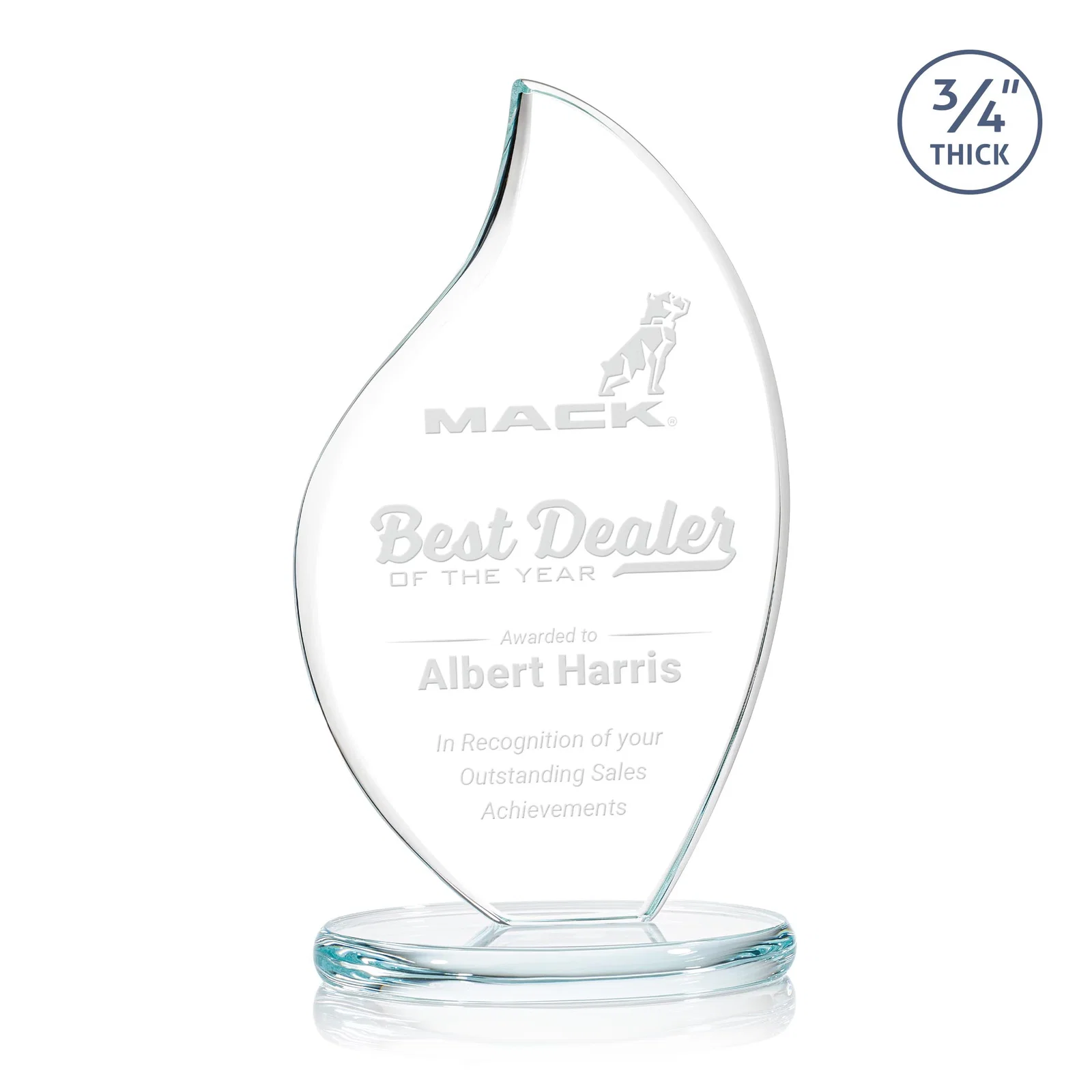 Custom Starfire Crystal Flame Award With Rounded Edges on an Oval Base for sales achievement awards