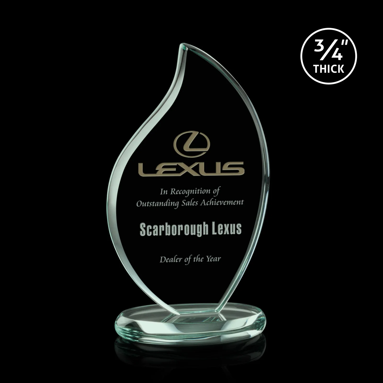 Custom Starfire Crystal Flame Award With Rounded Edges on an Oval Base for donor appreciation