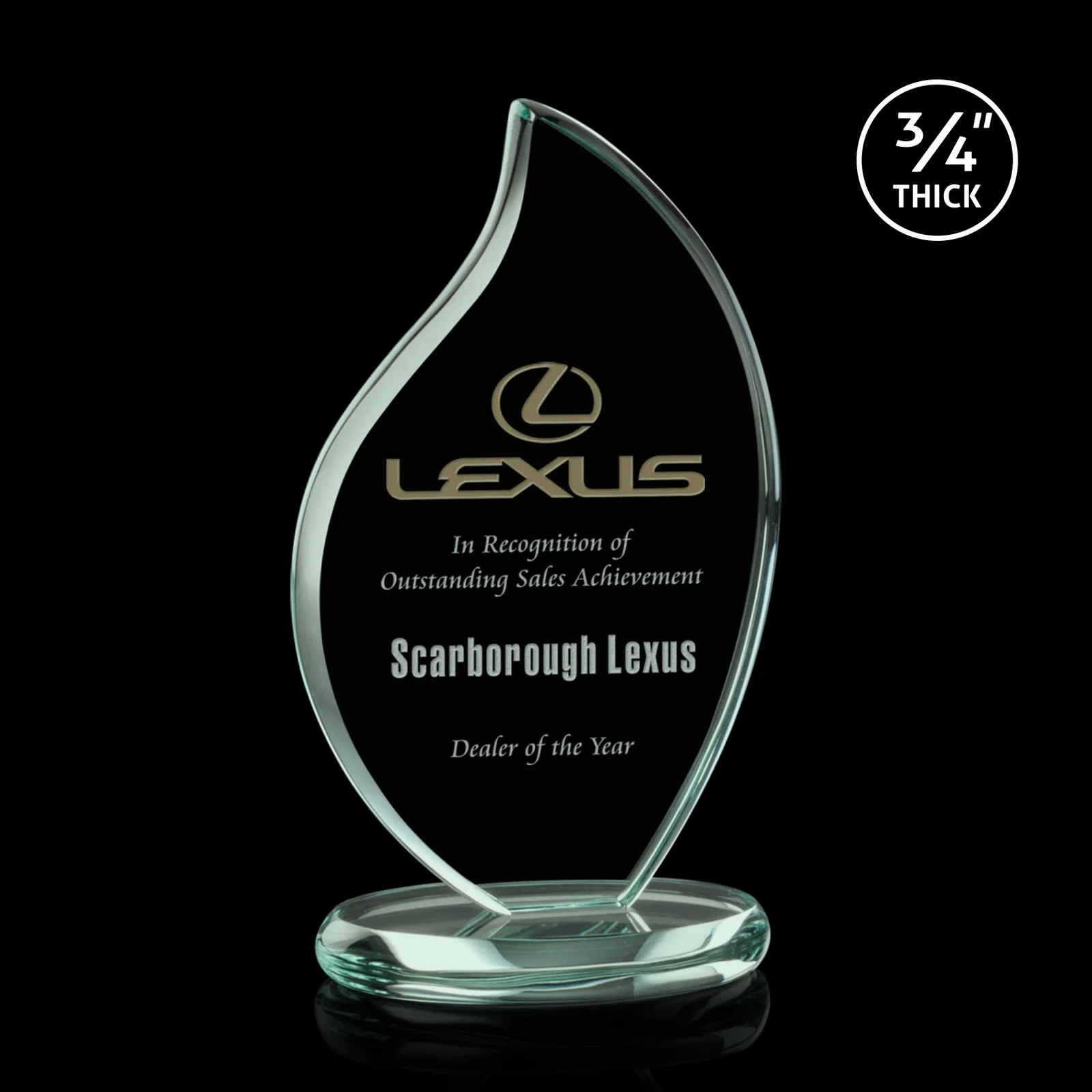 Custom Starfire Crystal Flame Award With Rounded Edges on an Oval Base for graduation ceremonies