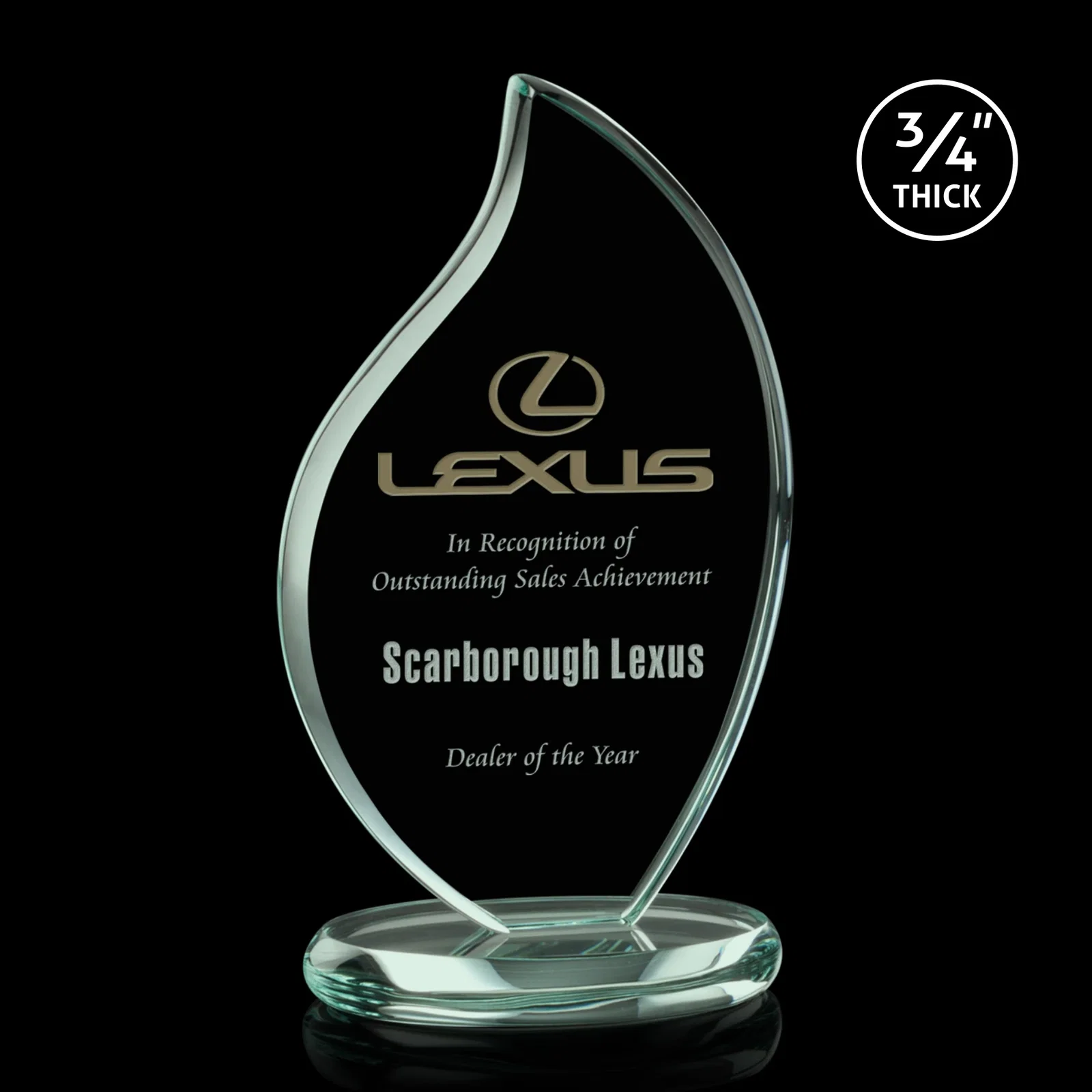 Custom Starfire Crystal Flame Award With Rounded Edges on an Oval Base for safety achievement programs