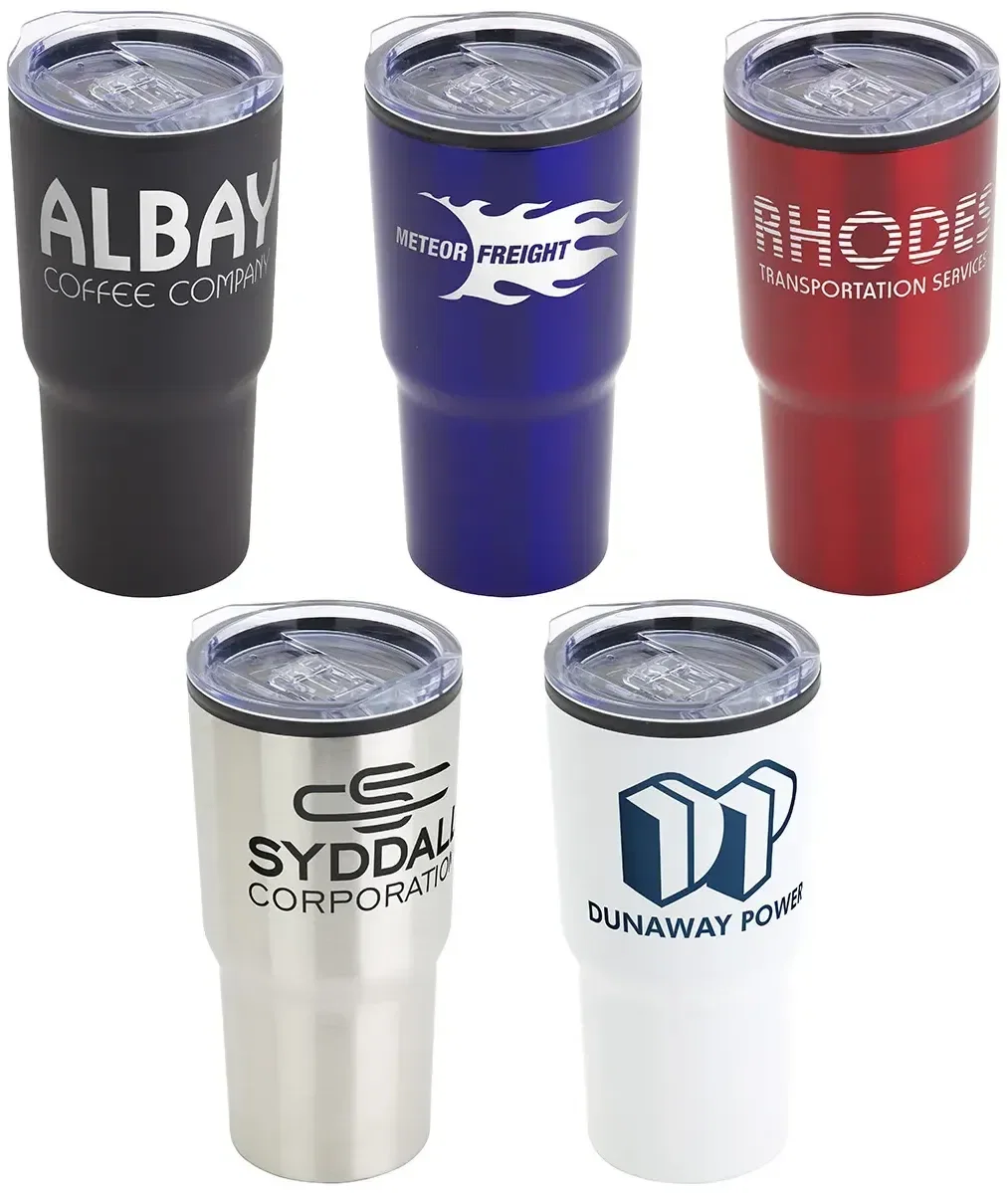 Odyssey 20 oz tapered-base travel tumbler with custom logo, front view of branded stainless cup