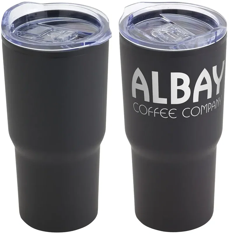 Angled view of the branded Odyssey 20 oz insulated travel tumbler