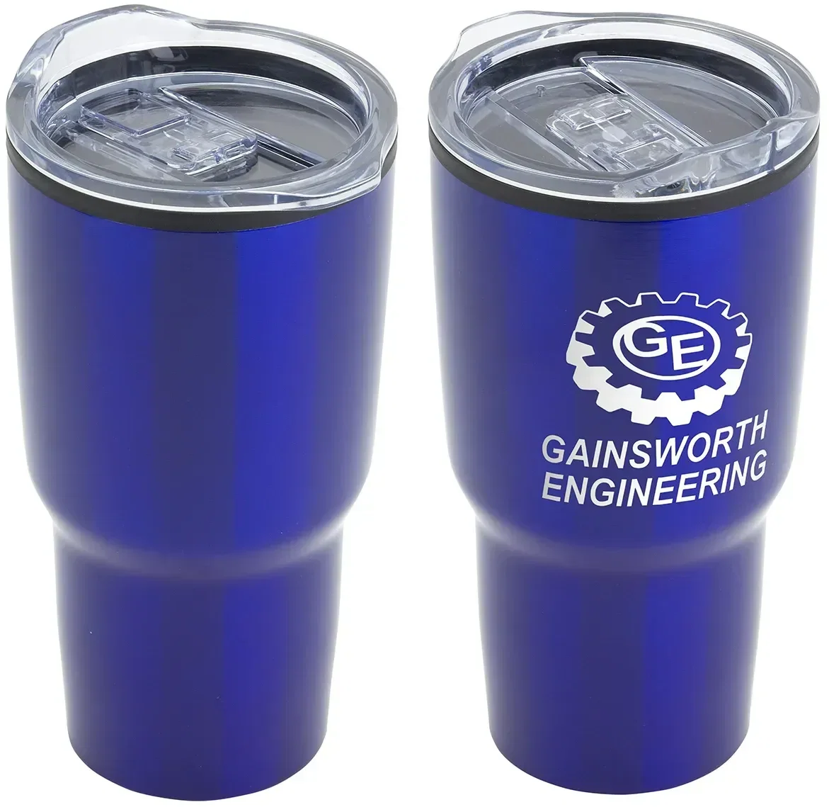 Branded Odyssey travel tumbler showing the sliding lid, custom promotional stainless steel drinkware