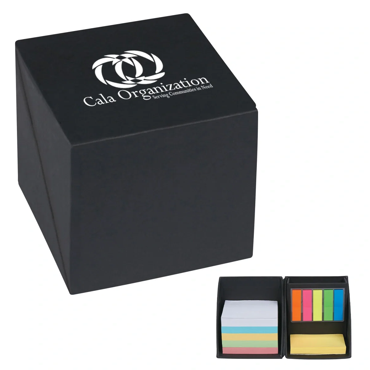 Black desk cube holding sticky notes and small office supplies