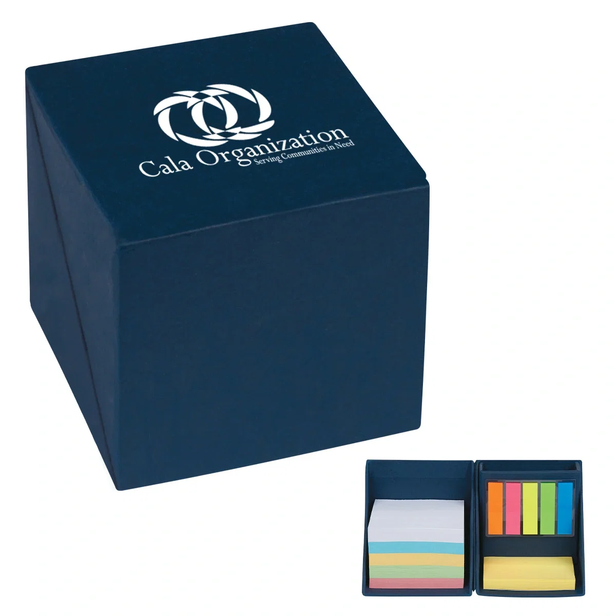 Navy memo cube closed into a tidy square