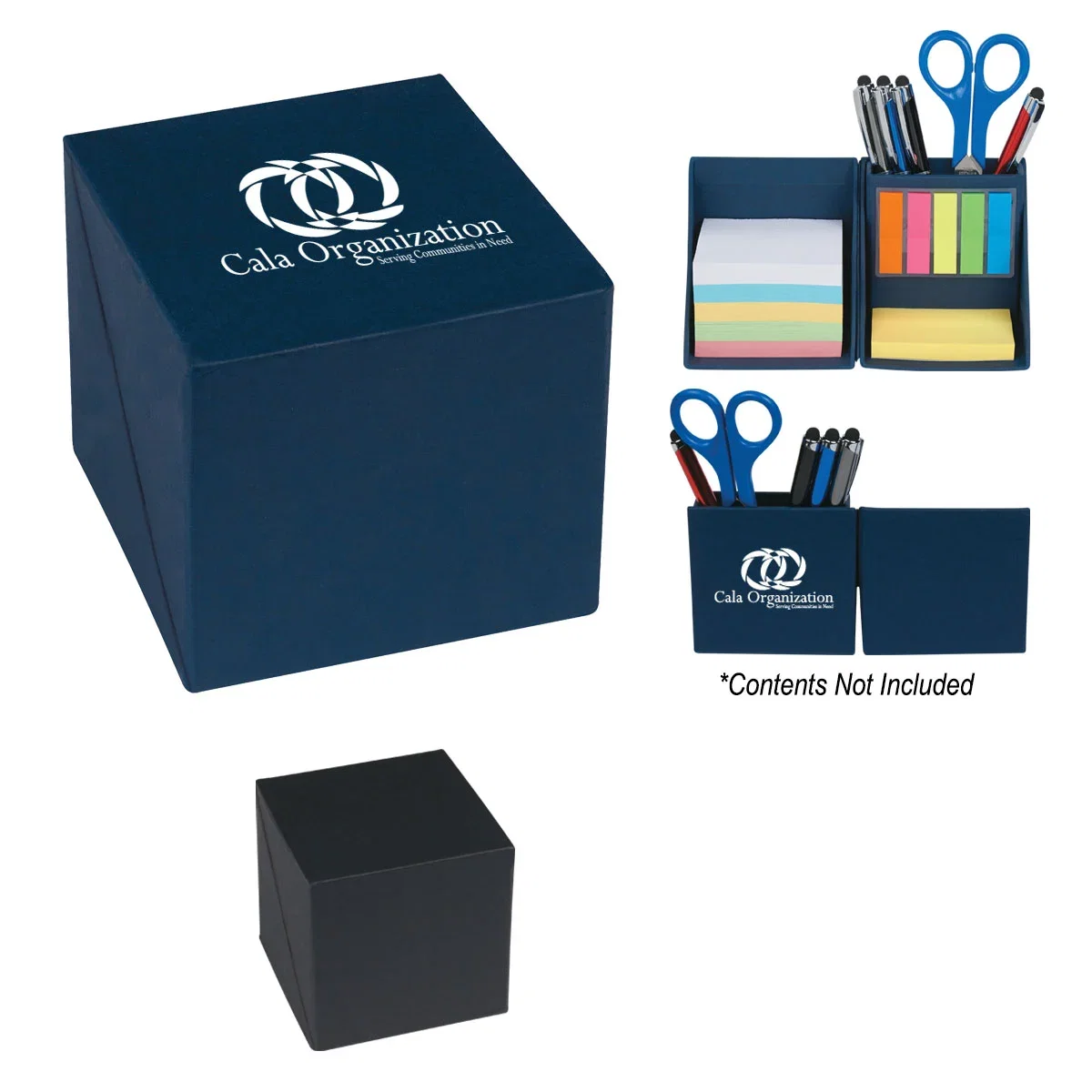 Office organizer cube with sticky notes, measuring 3.5 inches square