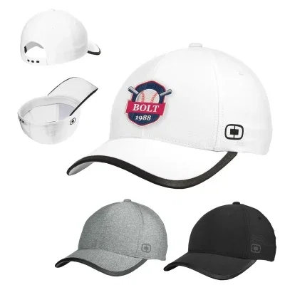 Structured baseball cap shown front on with a curved brim