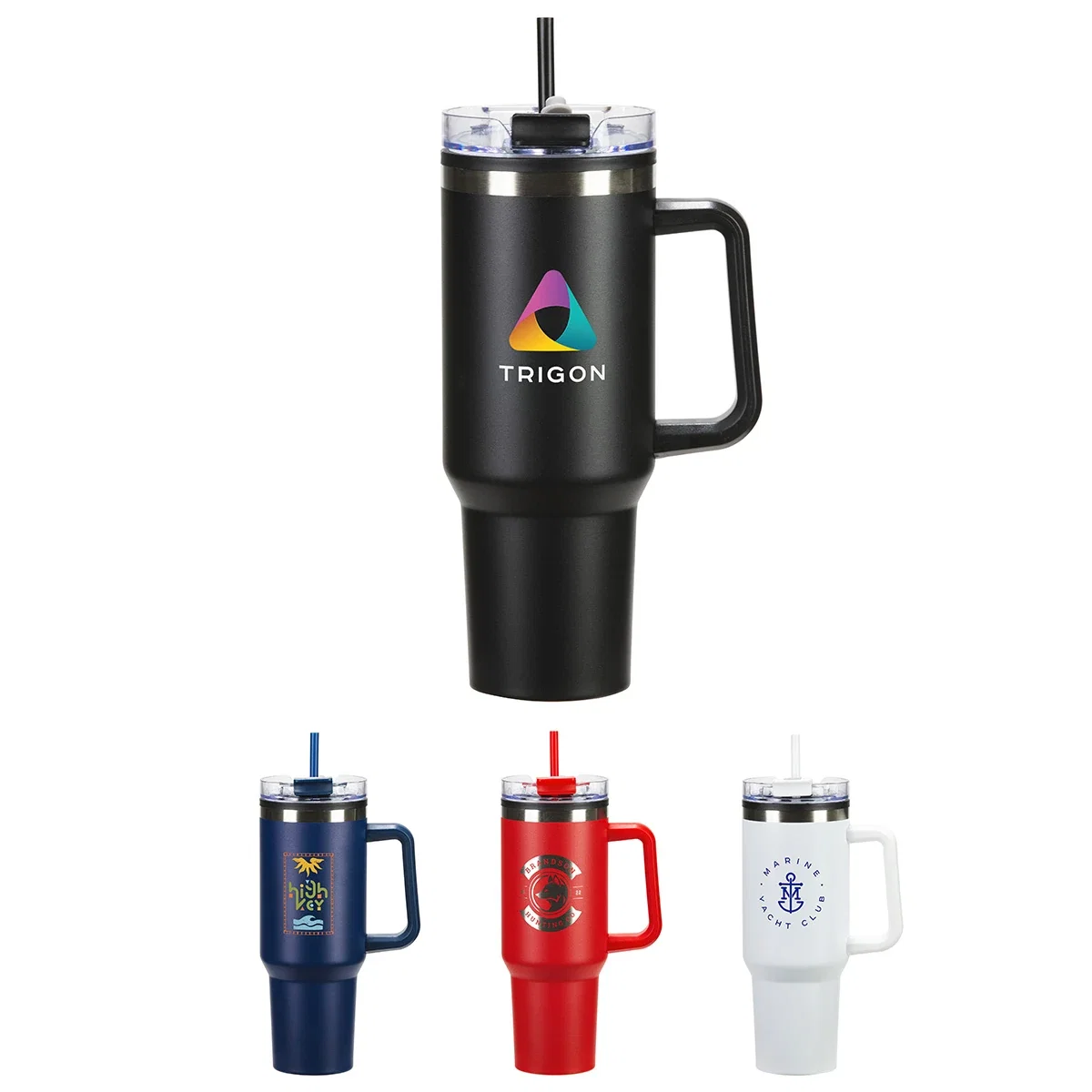 Custom Ohana 40 oz Mug, front view of the branded mug with color-matching handle