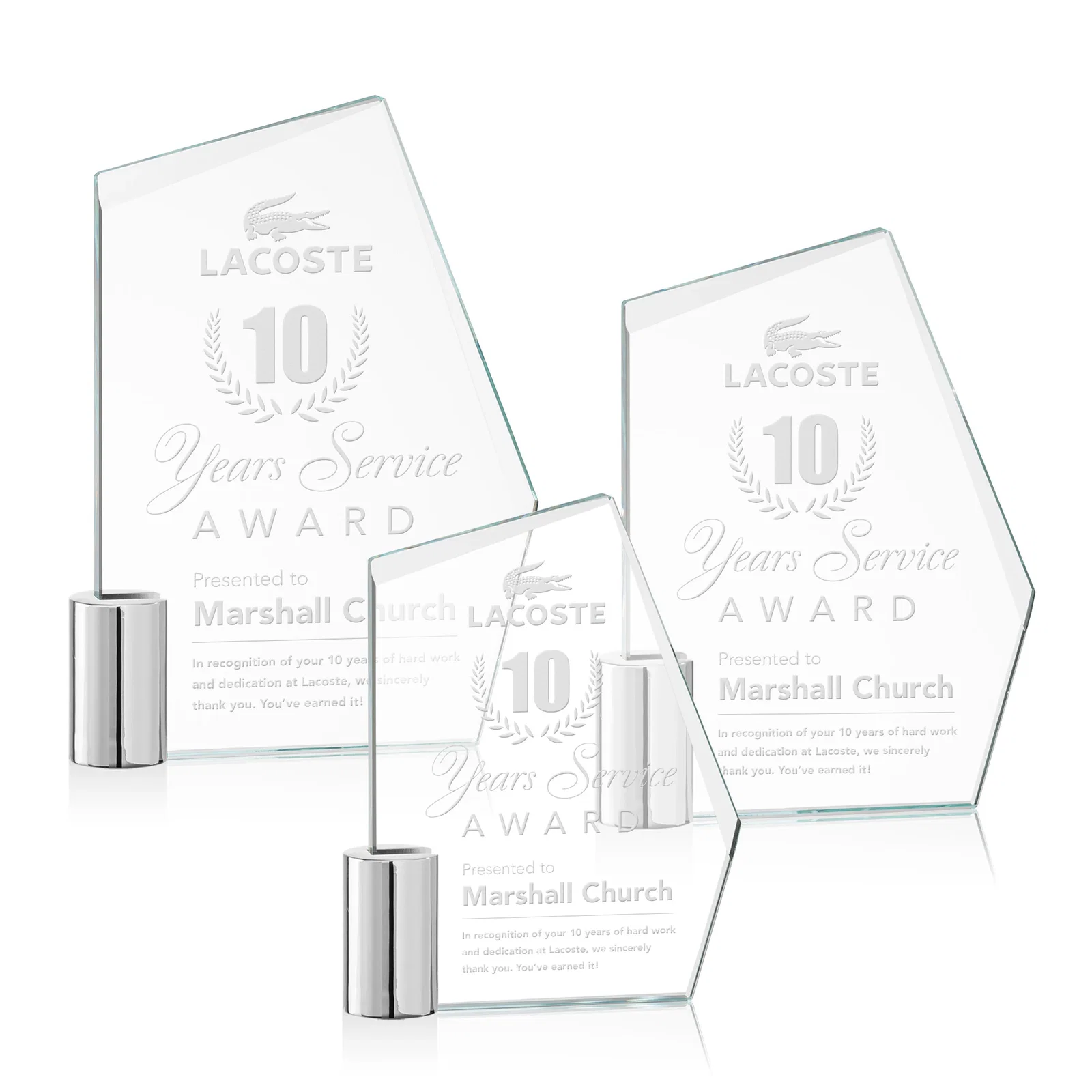 Custom Starfire Crystal Award on a Chrome Cylinder Base, metal awards for employee recognition