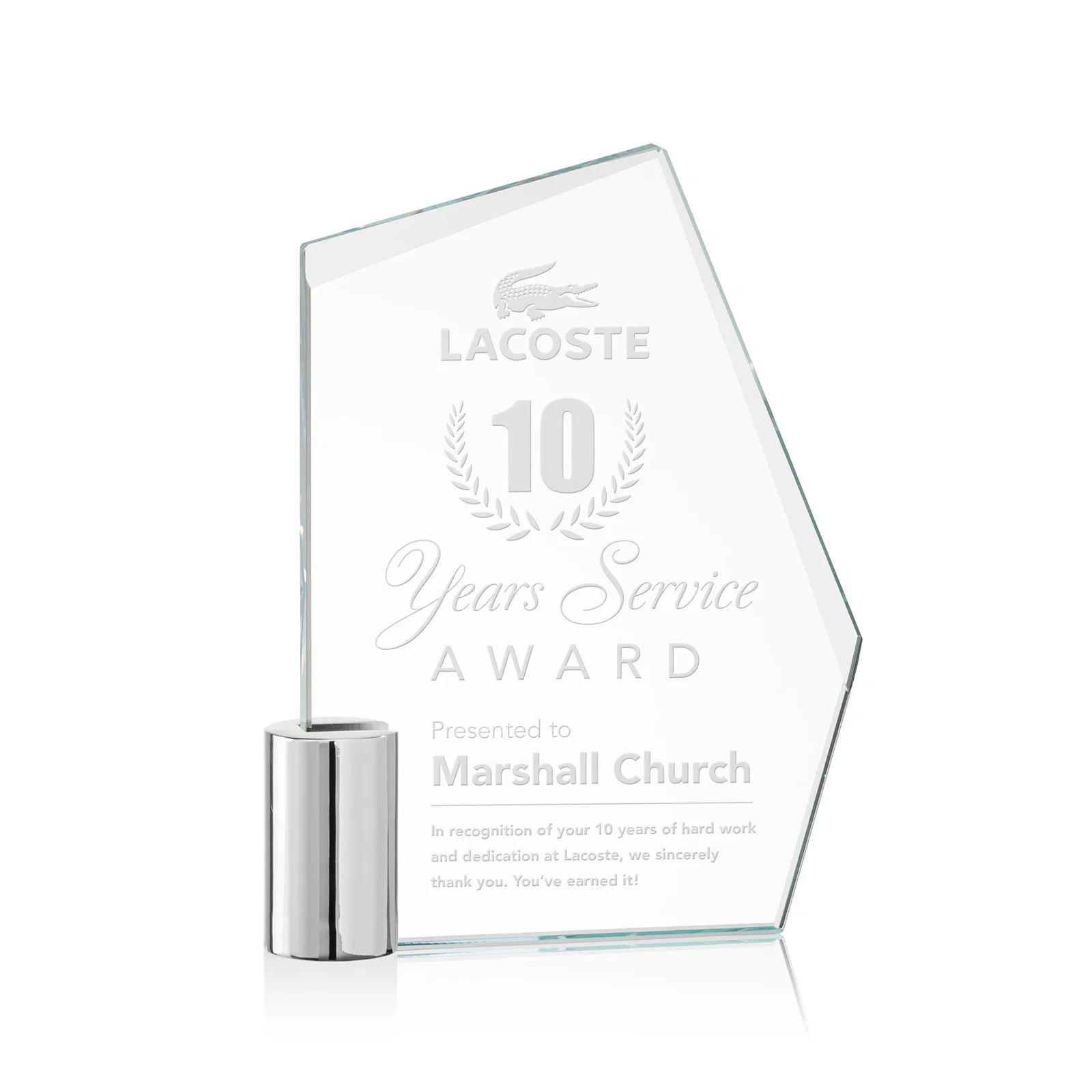 Custom Starfire Crystal Award on a Chrome Cylinder Base, metal awards for service anniversary gifts
