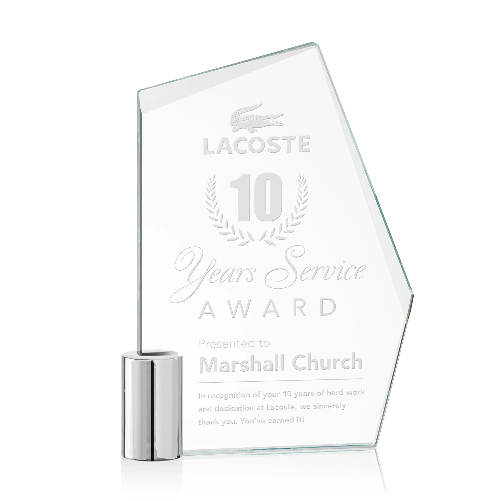 Custom Starfire Crystal Award on a Chrome Cylinder Base, metal awards for sales achievement awards