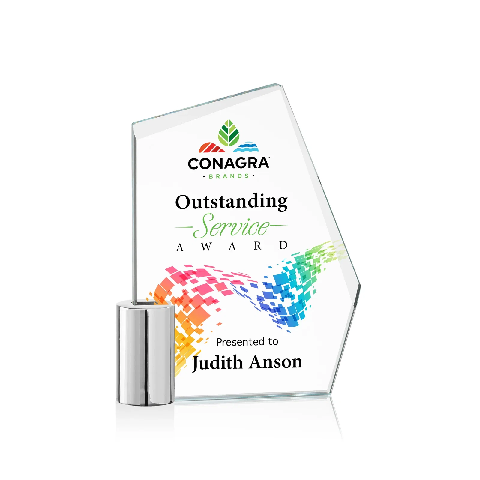 Custom Starfire Crystal Award on a Chrome Cylinder Base, metal awards for donor appreciation