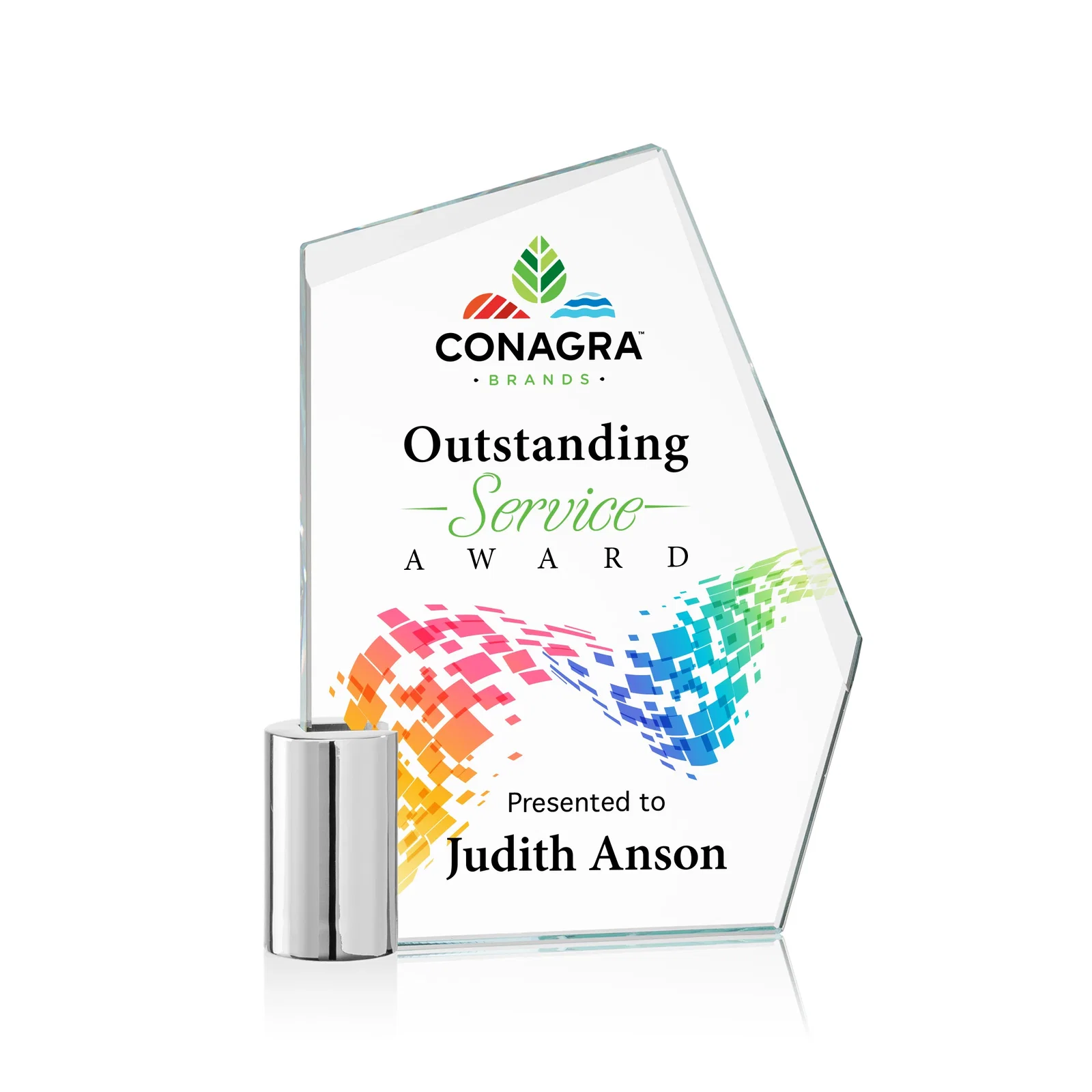 Custom Starfire Crystal Award on a Chrome Cylinder Base, metal awards for graduation ceremonies