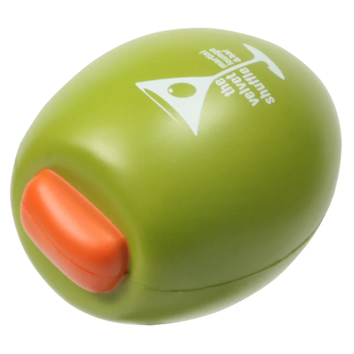 Olive shaped stress reliever with front and back pad-printed imprint areas