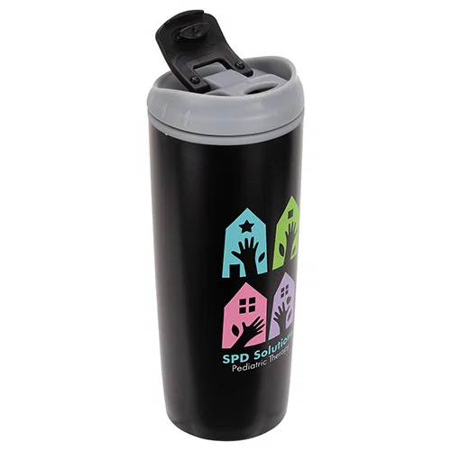 Custom branded Olympia tumbler, flip-top lid open detail