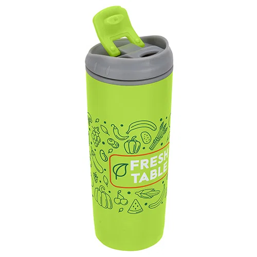 Olympia 17 oz logo tumbler, flip-top lid close-up