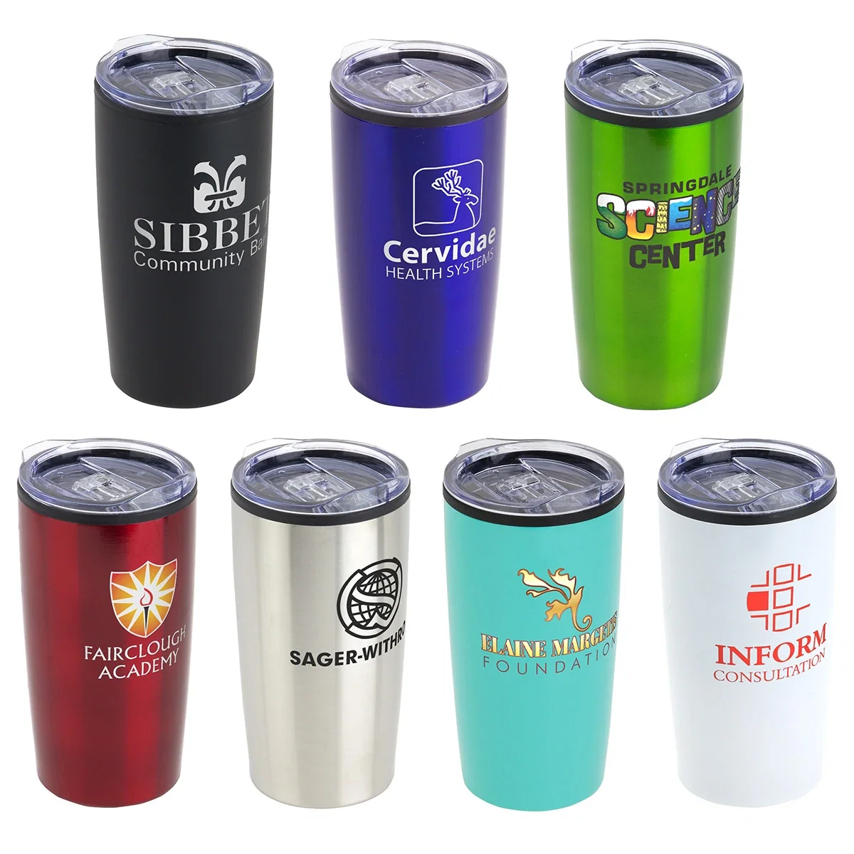 Custom Olympus 20 oz. stainless steel tumbler, front view of the branded drinkware