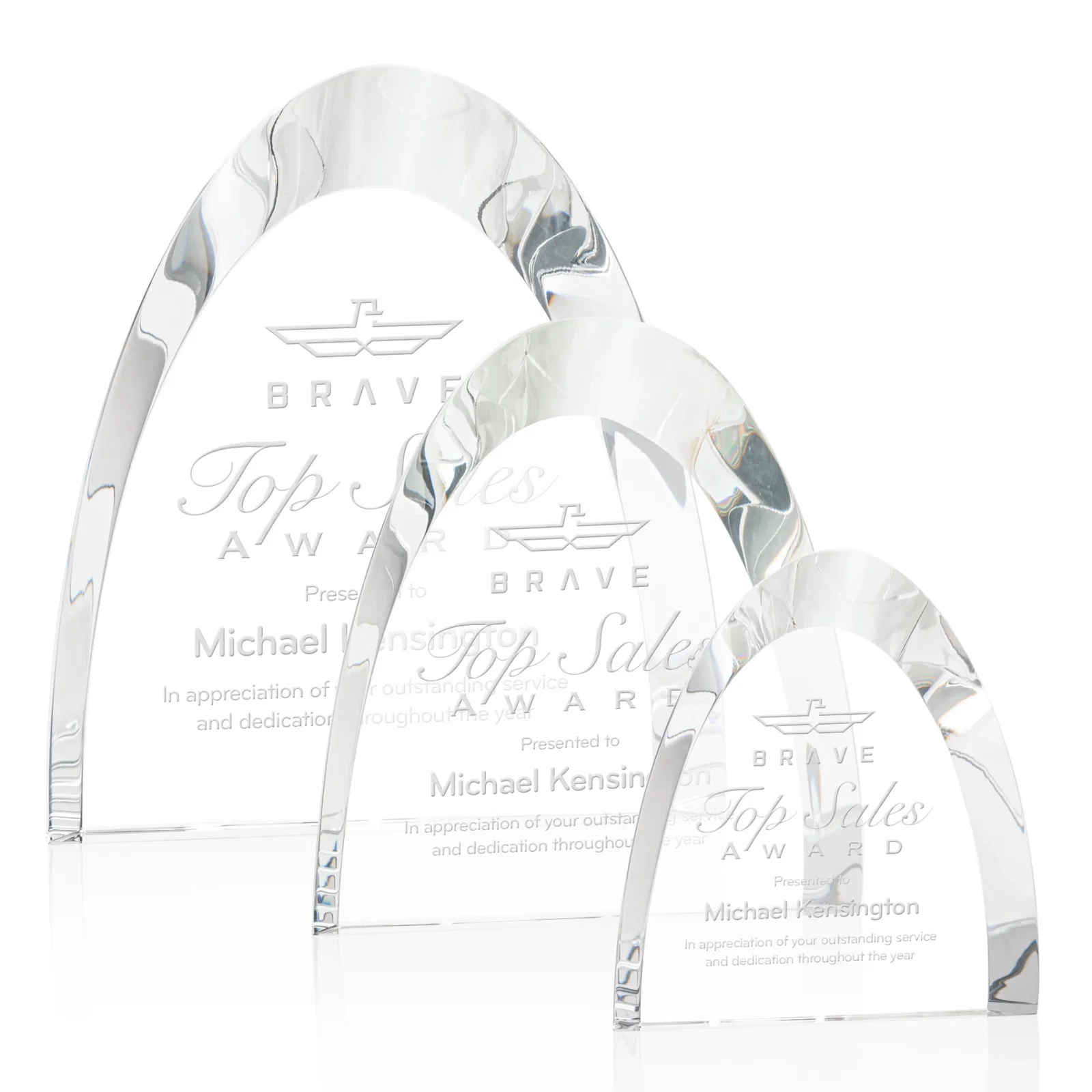 Custom Optical Crystal Arch Award With Light-Wrapping Curved Bevel, awards for employee recognition