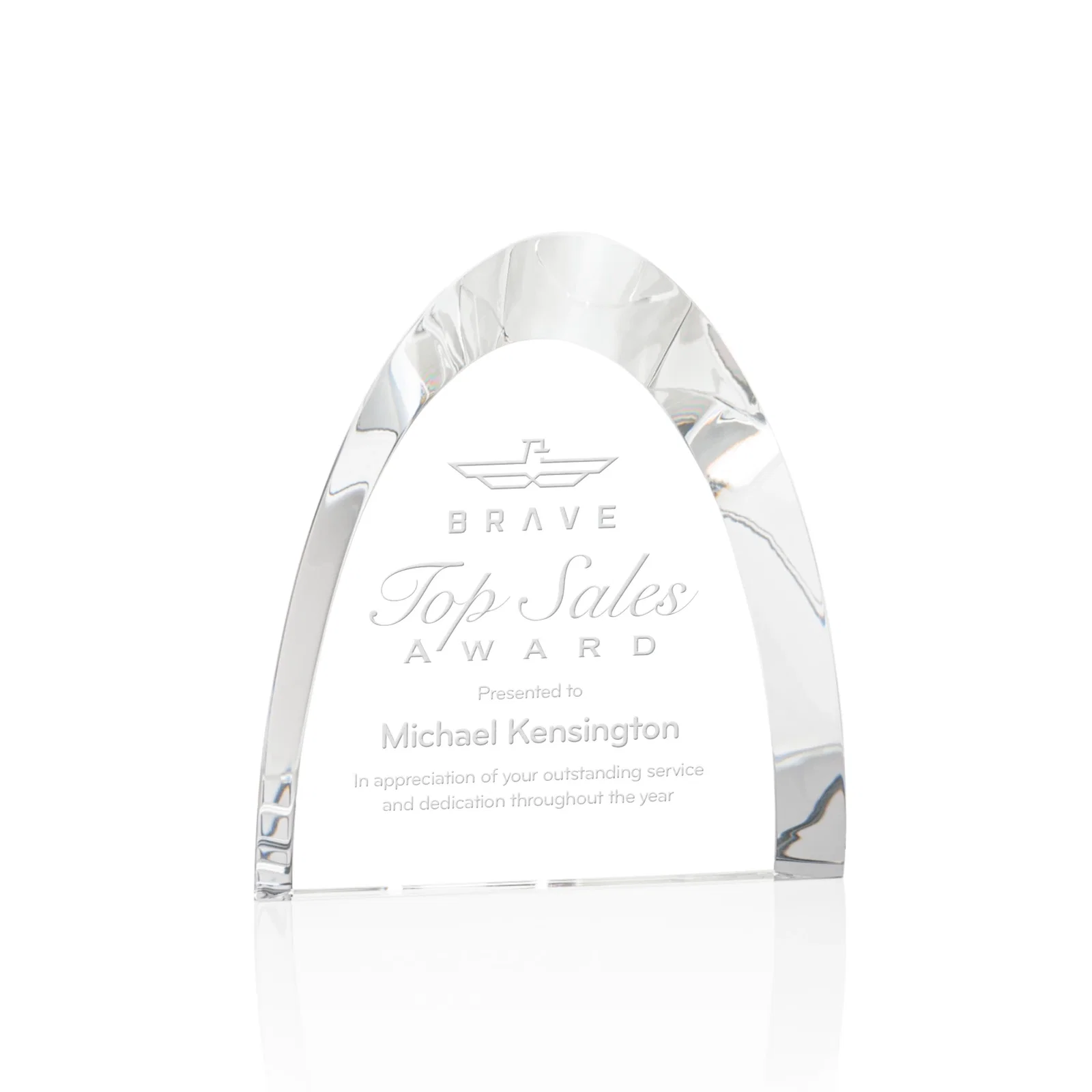 Custom Optical Crystal Arch Award With Light-Wrapping Curved Bevel, awards for corporate award ceremonies