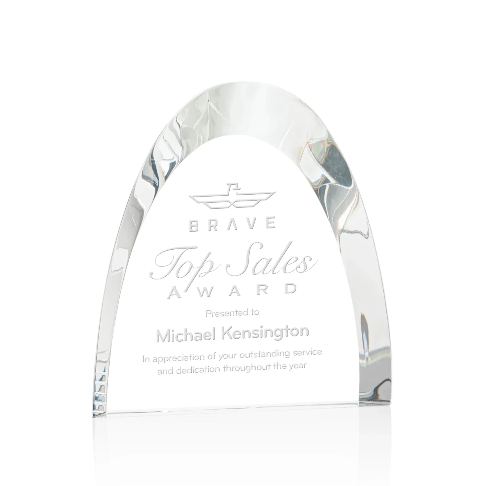 Custom Optical Crystal Arch Award With Light-Wrapping Curved Bevel, awards for service anniversary gifts