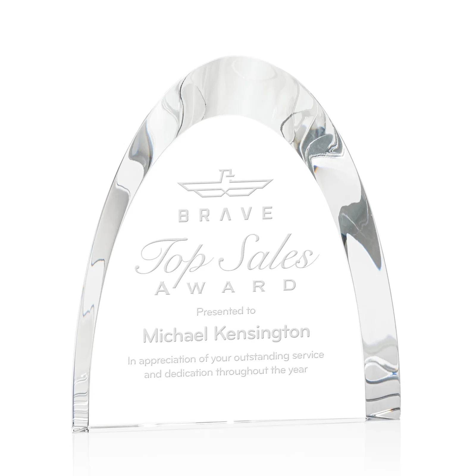 Custom Optical Crystal Arch Award With Light-Wrapping Curved Bevel, awards for sales achievement awards