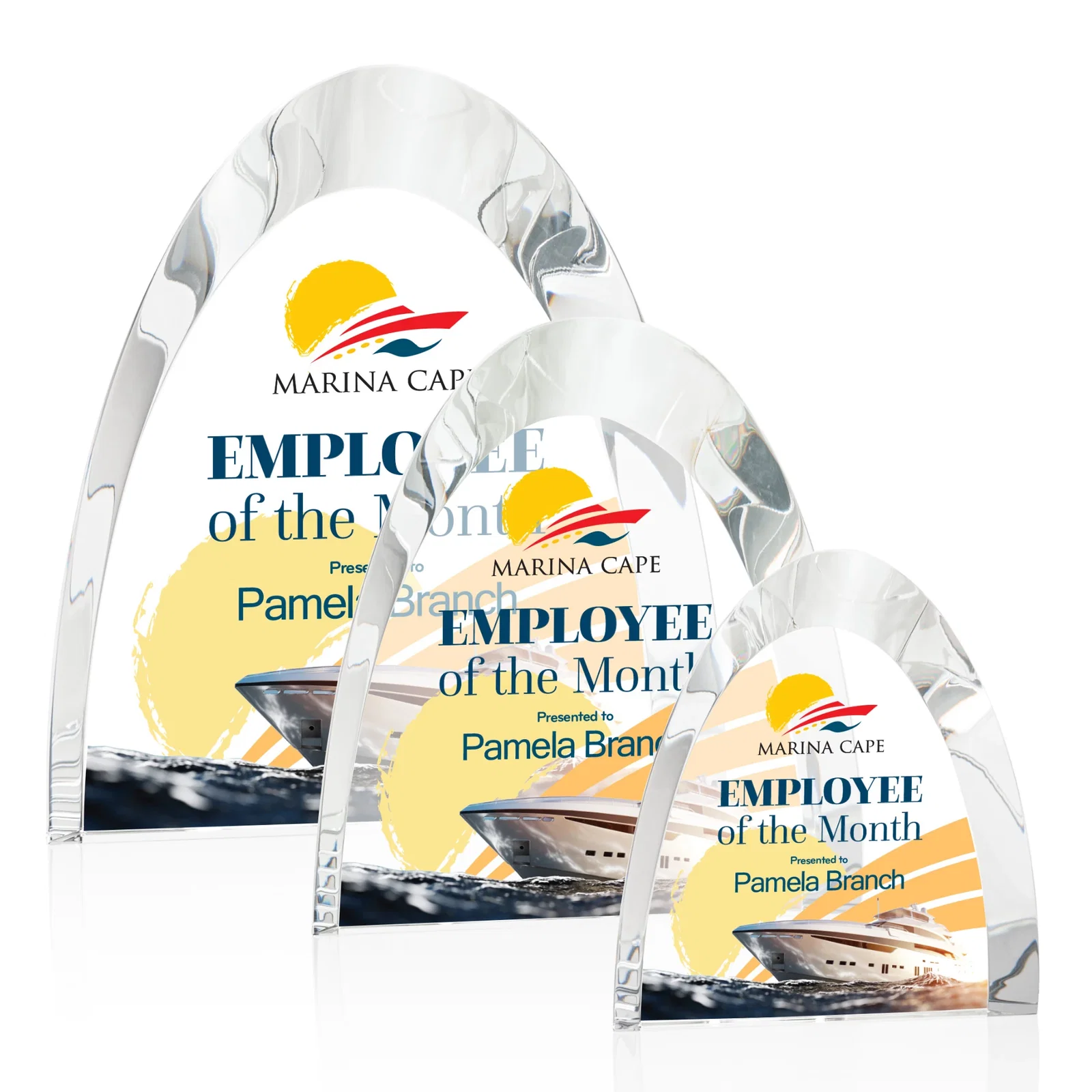 Custom Optical Crystal Arch Award With Light-Wrapping Curved Bevel, awards for retirement presentations