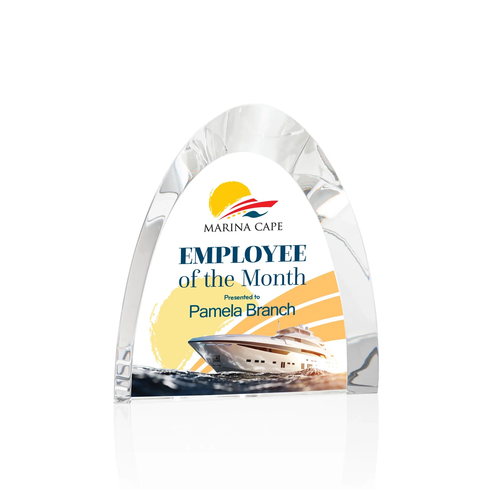 Custom Optical Crystal Arch Award With Light-Wrapping Curved Bevel, awards for team milestone celebrations
