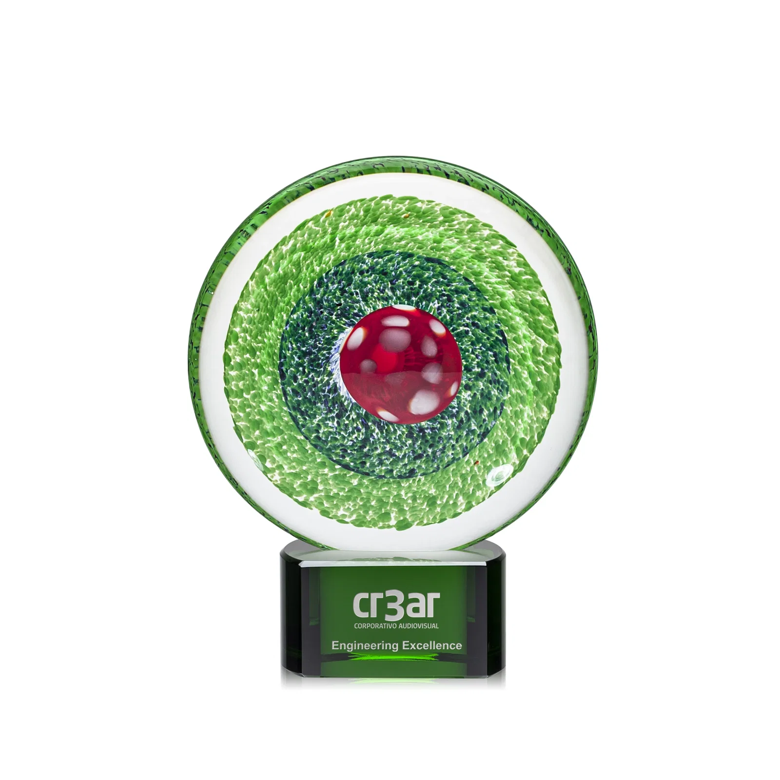 Custom Emerald Swirl Art Glass Award With Red Bullseye Center for volunteer appreciation