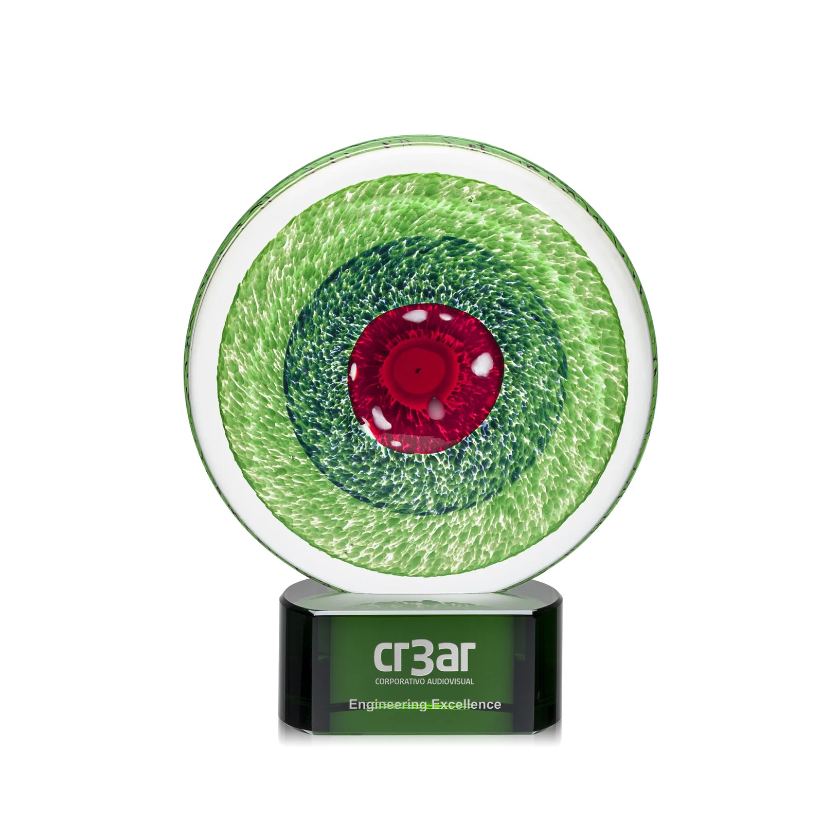 Custom Emerald Swirl Art Glass Award With Red Bullseye Center for dealer and partner awards