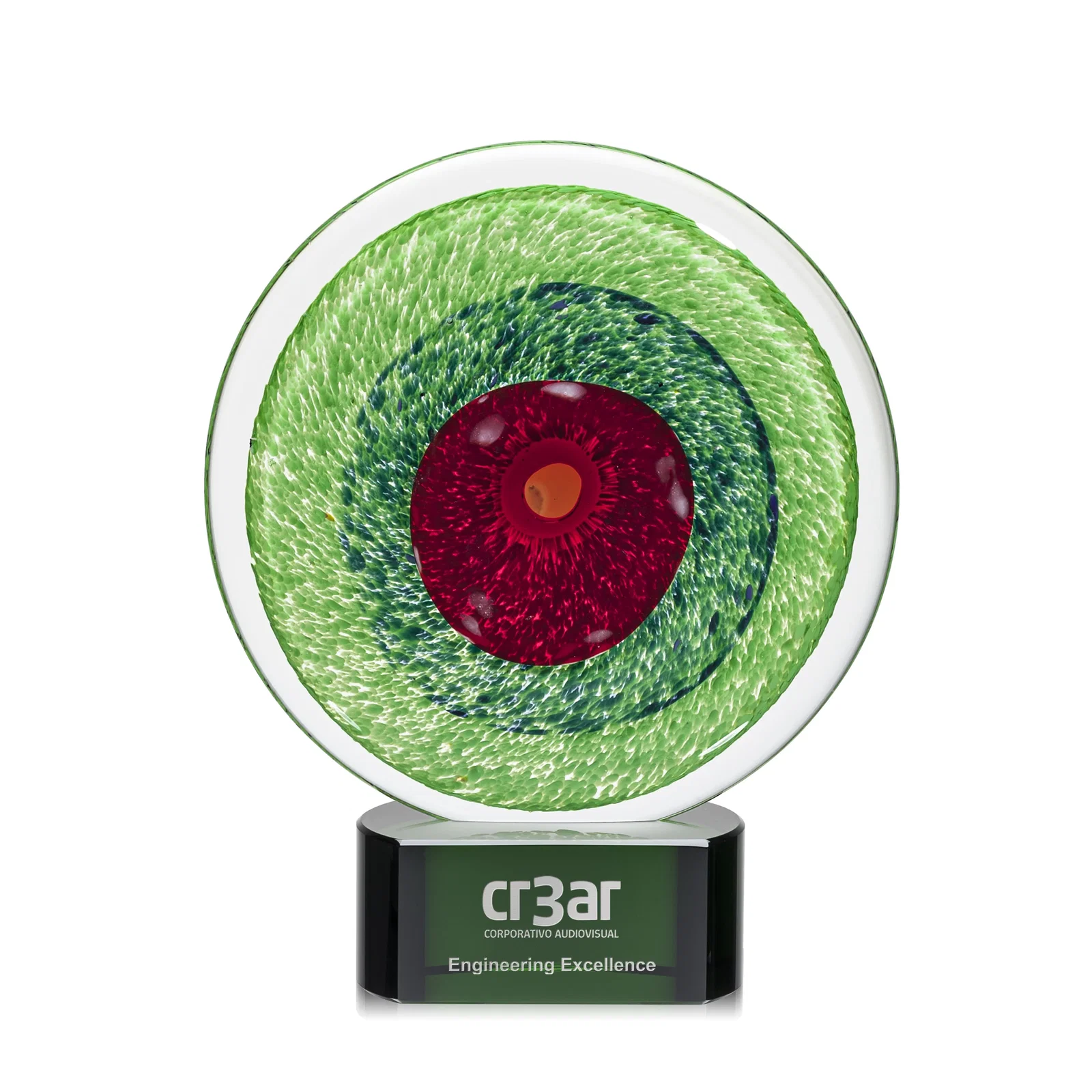 Custom Emerald Swirl Art Glass Award With Red Bullseye Center for company anniversary events