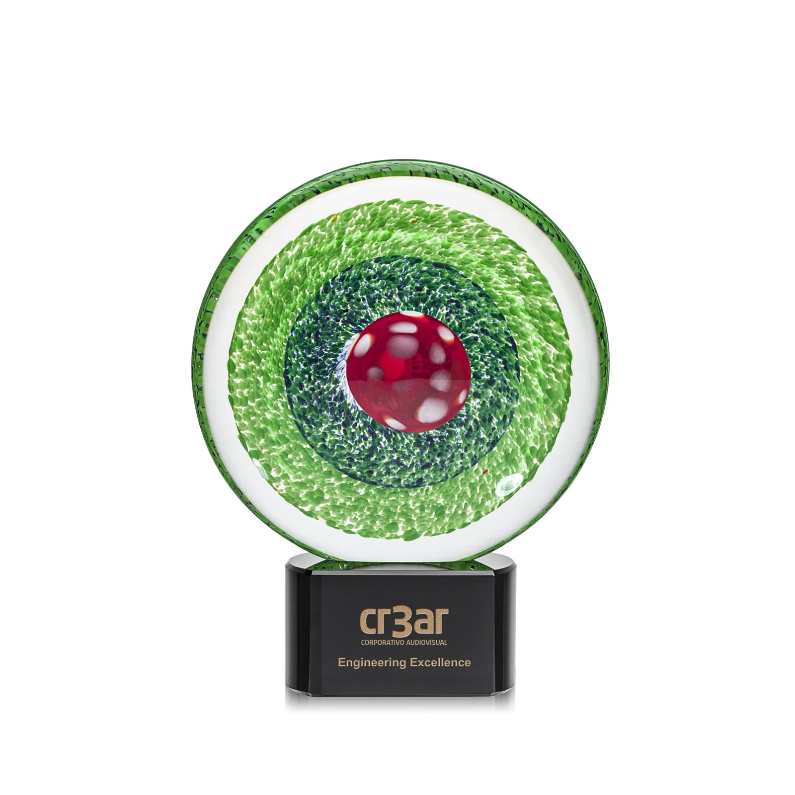 Custom Emerald Swirl Art Glass Award With Red Bullseye Center for corporate award ceremonies