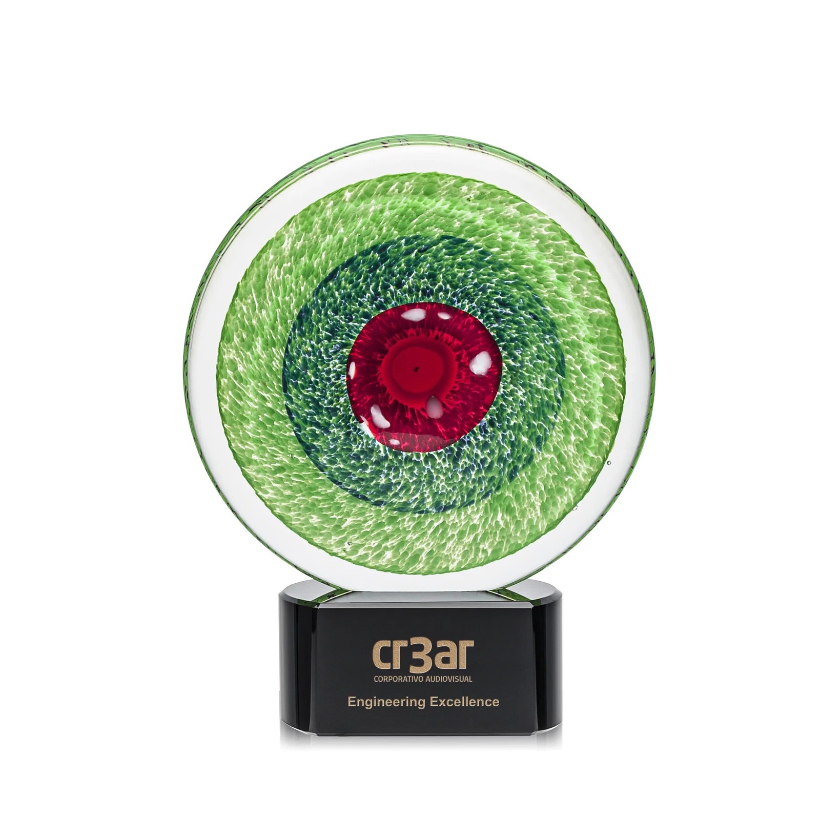 Custom Emerald Swirl Art Glass Award With Red Bullseye Center for service anniversary gifts