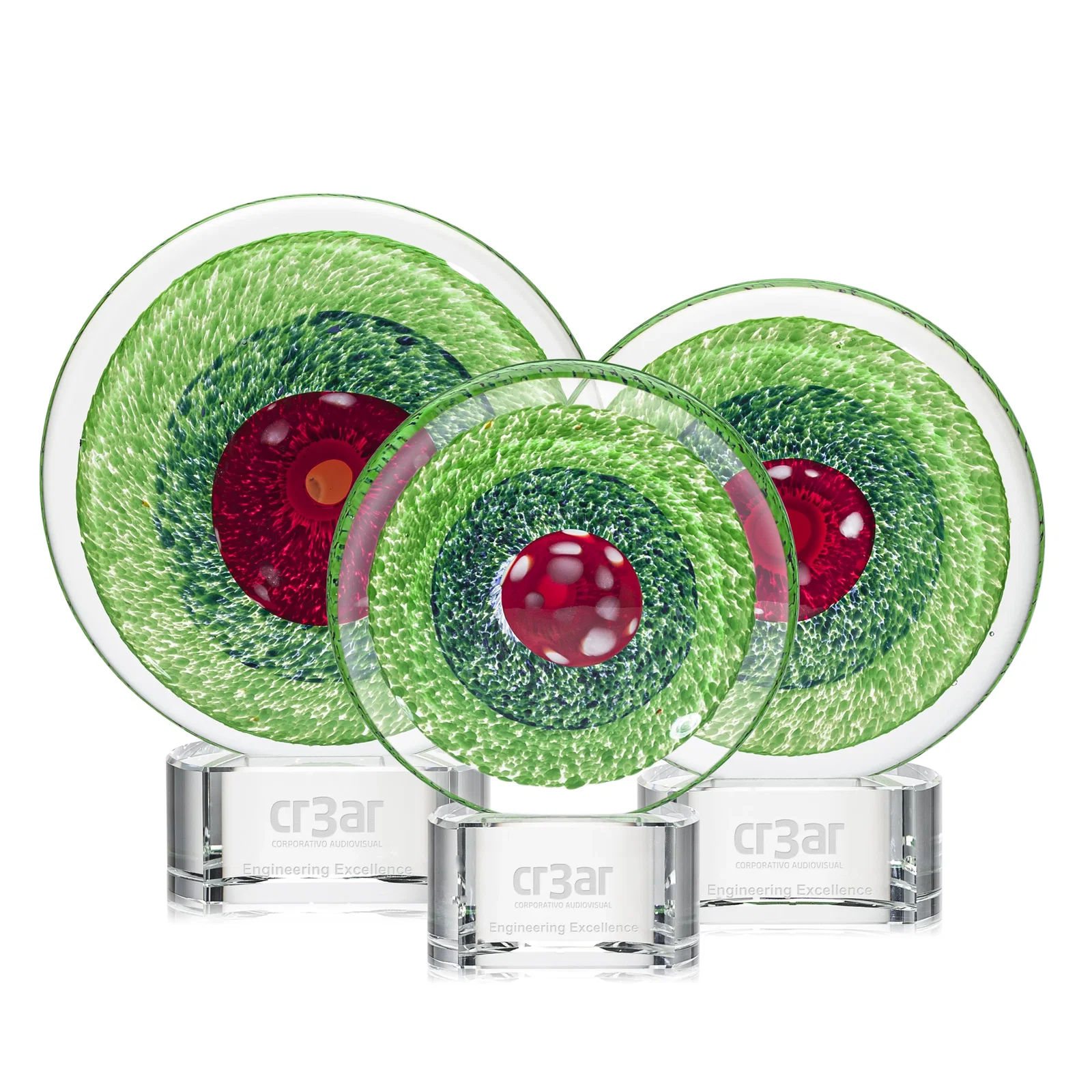 Custom Emerald Swirl Art Glass Award With Red Bullseye Center for retirement presentations