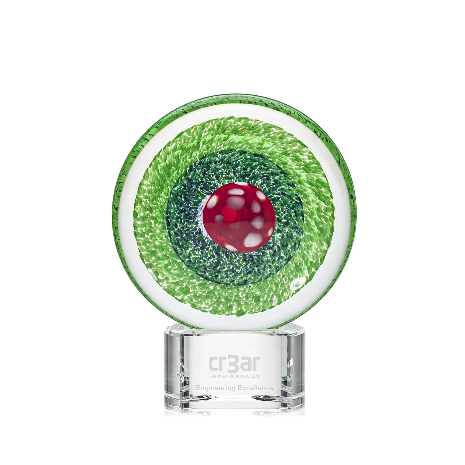 Custom Emerald Swirl Art Glass Award With Red Bullseye Center for team milestone celebrations