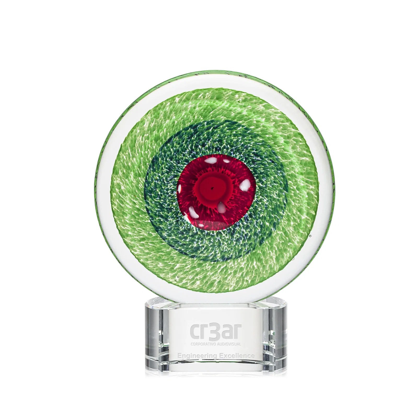 Custom Emerald Swirl Art Glass Award With Red Bullseye Center for donor appreciation