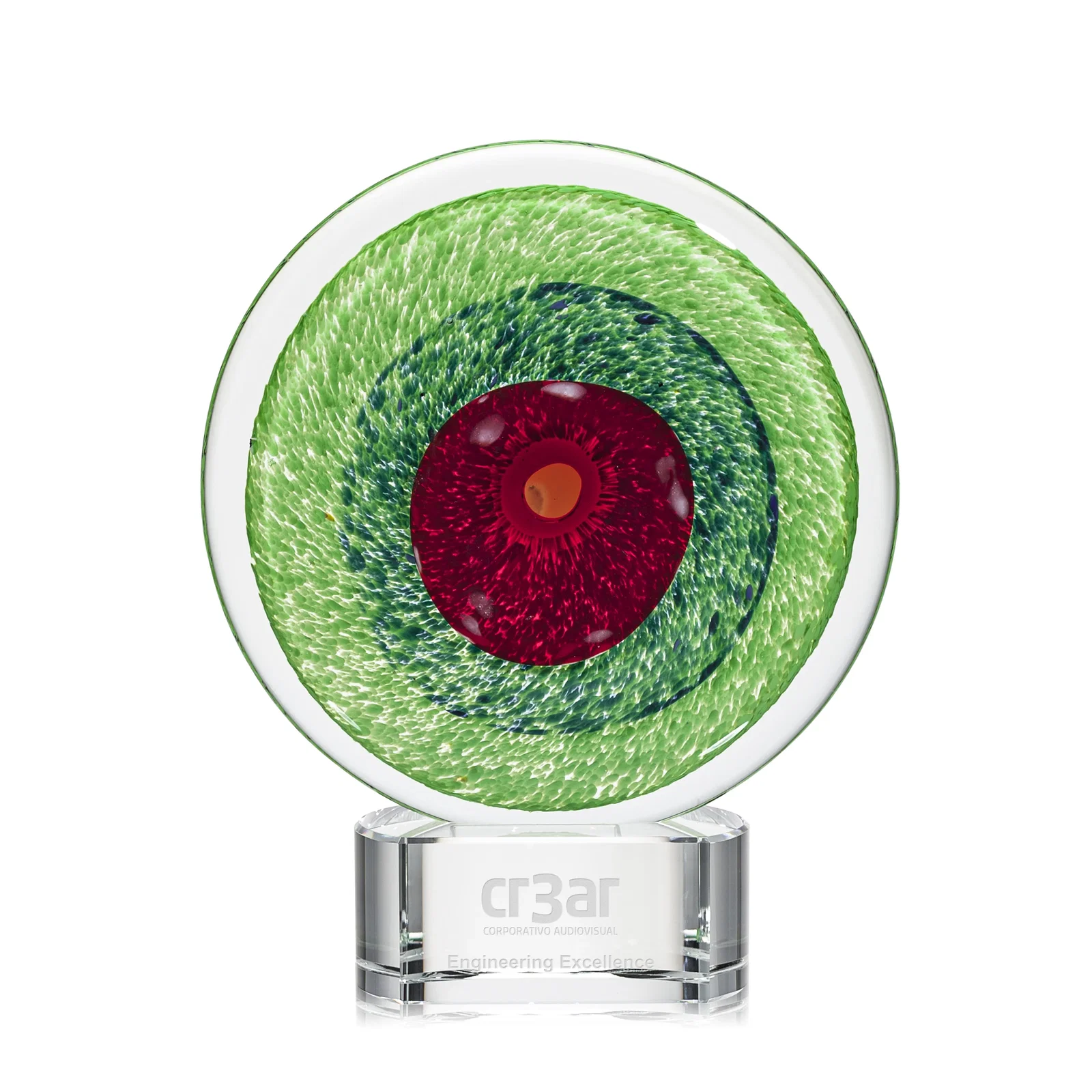 Custom Emerald Swirl Art Glass Award With Red Bullseye Center for graduation ceremonies