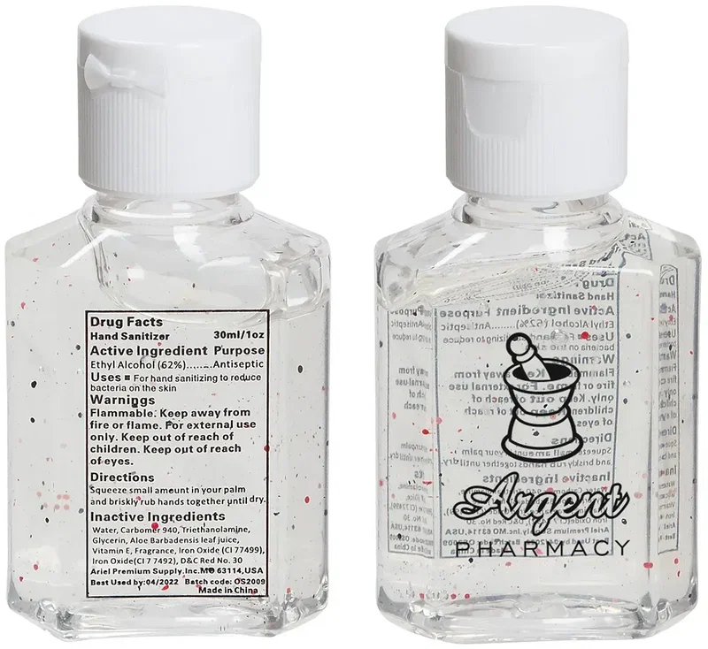 Promotional branded Aloe Vitamin E sanitizer bottle, back label detail with logo