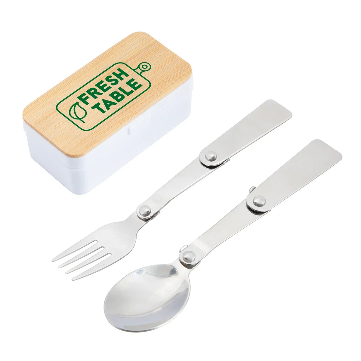 Custom On-The-Go Collapsible Cutlery Set, front view of the branded travel utensils
