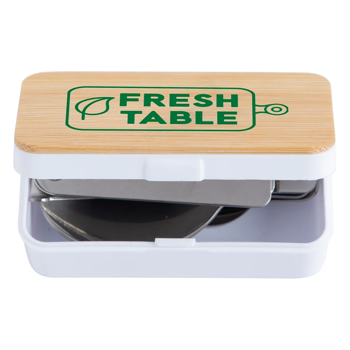 On-The-Go Collapsible Cutlery Set packed for travel, promotional utensil set in use