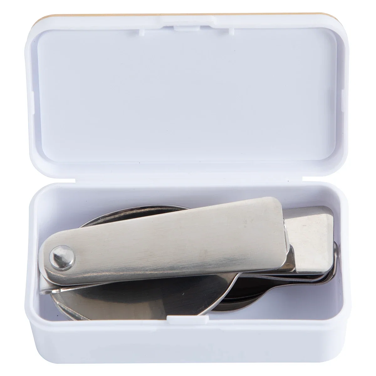 Angled view of the custom On-The-Go Cutlery Set showing the fork, knife, and spoon