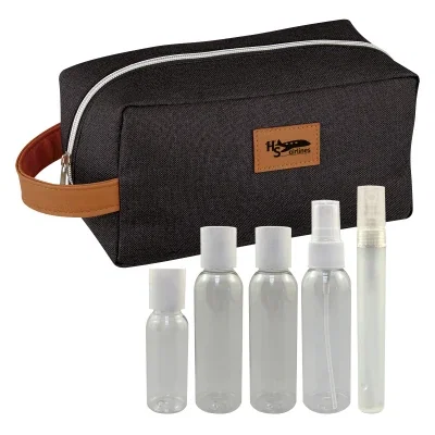 Travel pack with a toiletry bag and clear refillable bottles