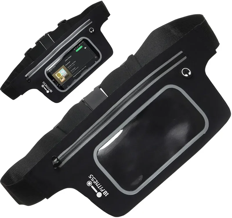 Branded On-The-Move waist pack angled view showing the touch-thru phone pocket