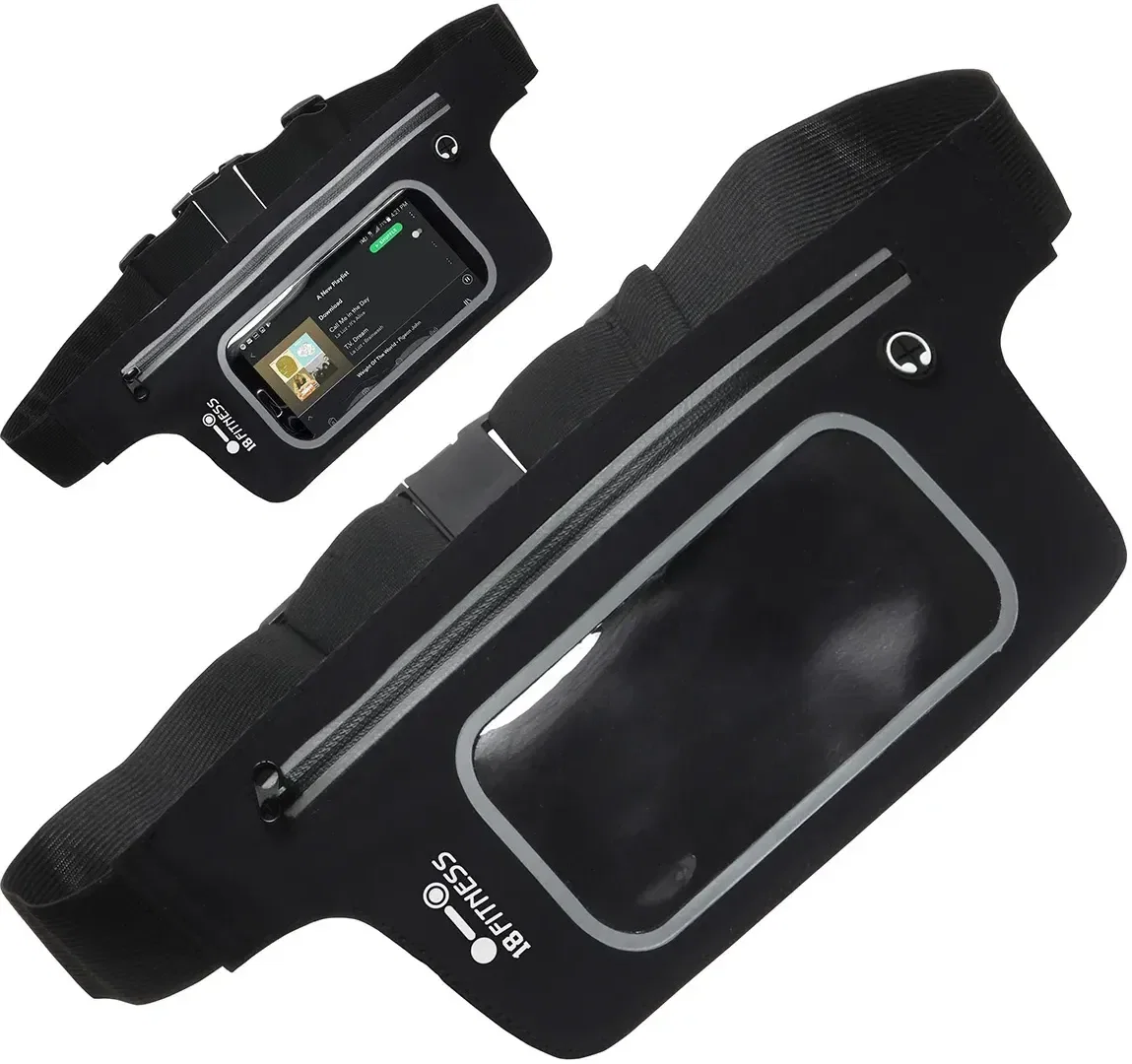 Branded On-The-Move waist pack angled view showing the touch-thru phone pocket