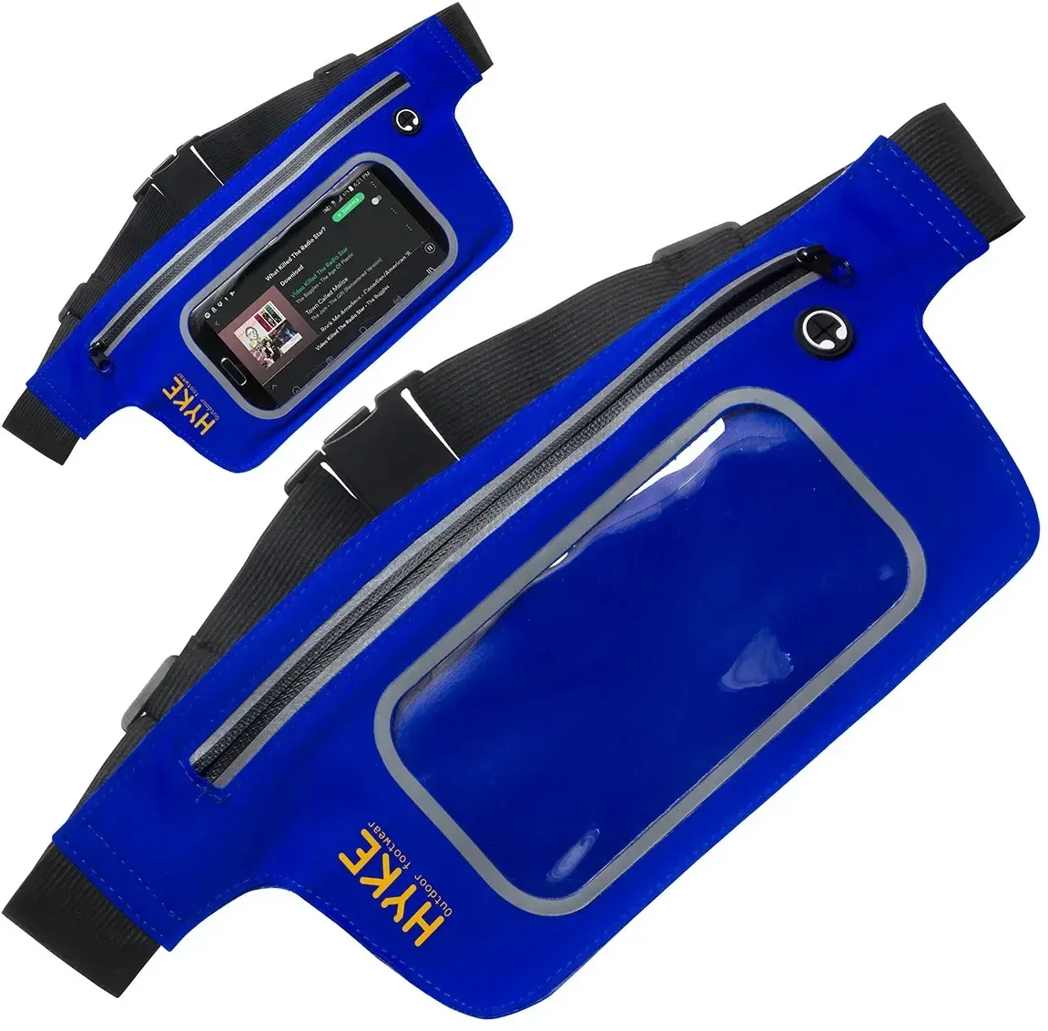 On-The-Move custom waist pack worn shot holding a phone during a run