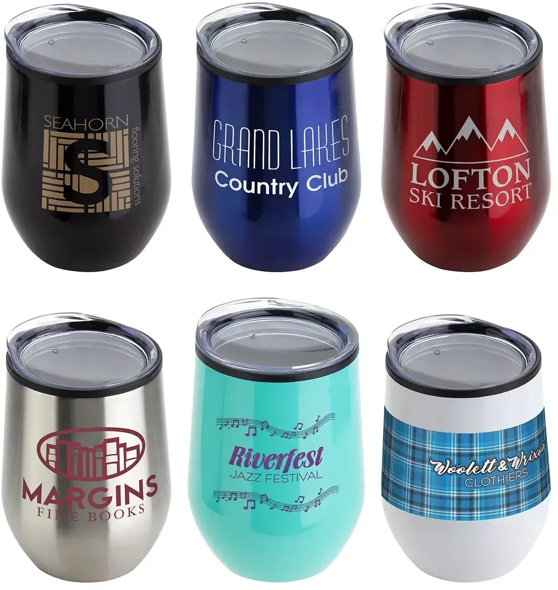 Onyx 12 oz stainless steel wine goblet with custom logo, front view of branded stemless tumbler