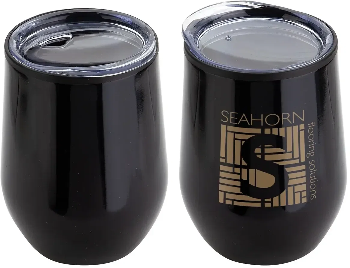 Close-up of the imprint area on the custom Onyx insulated wine goblet