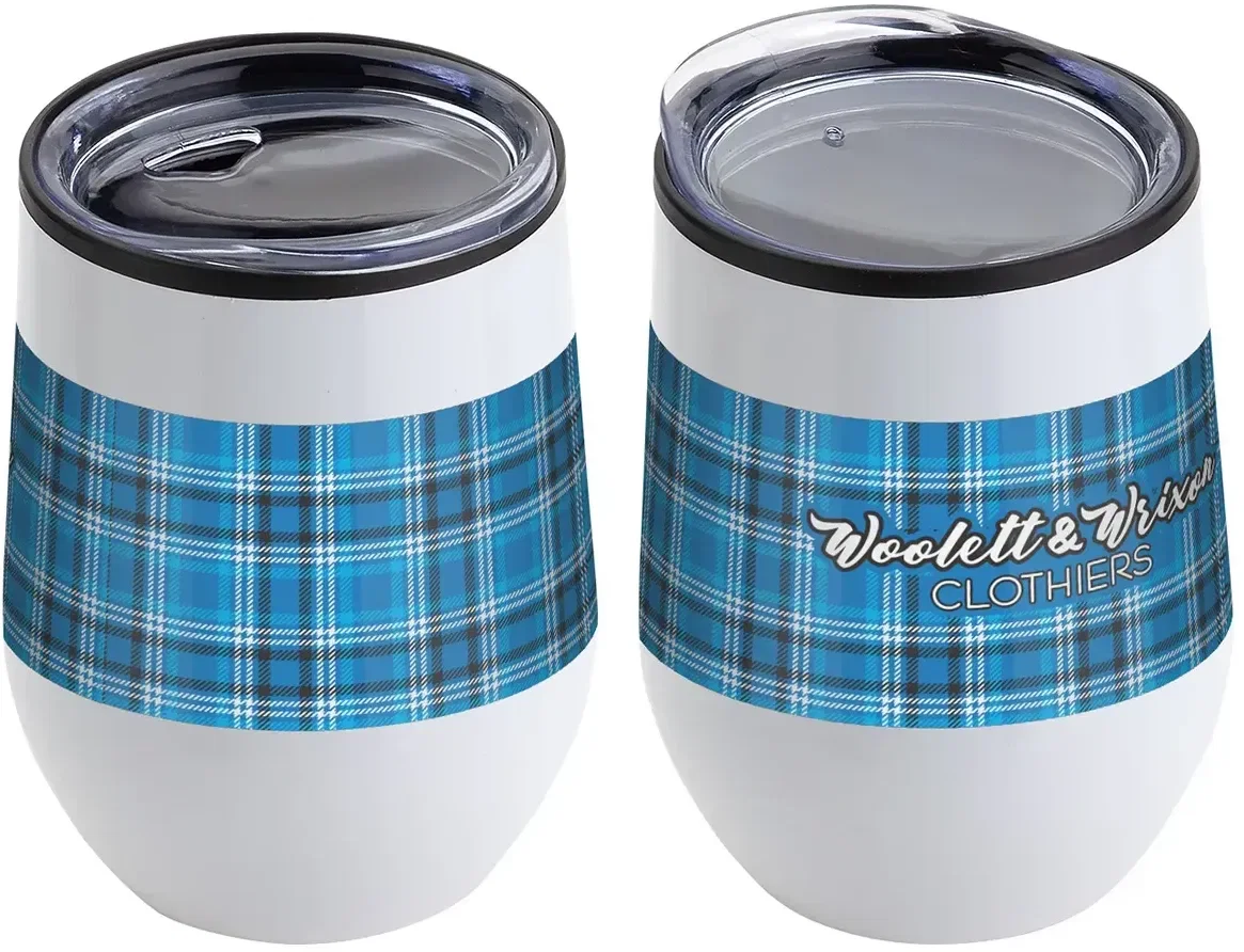 Angled view of the branded Onyx 12 oz stainless steel wine tumbler